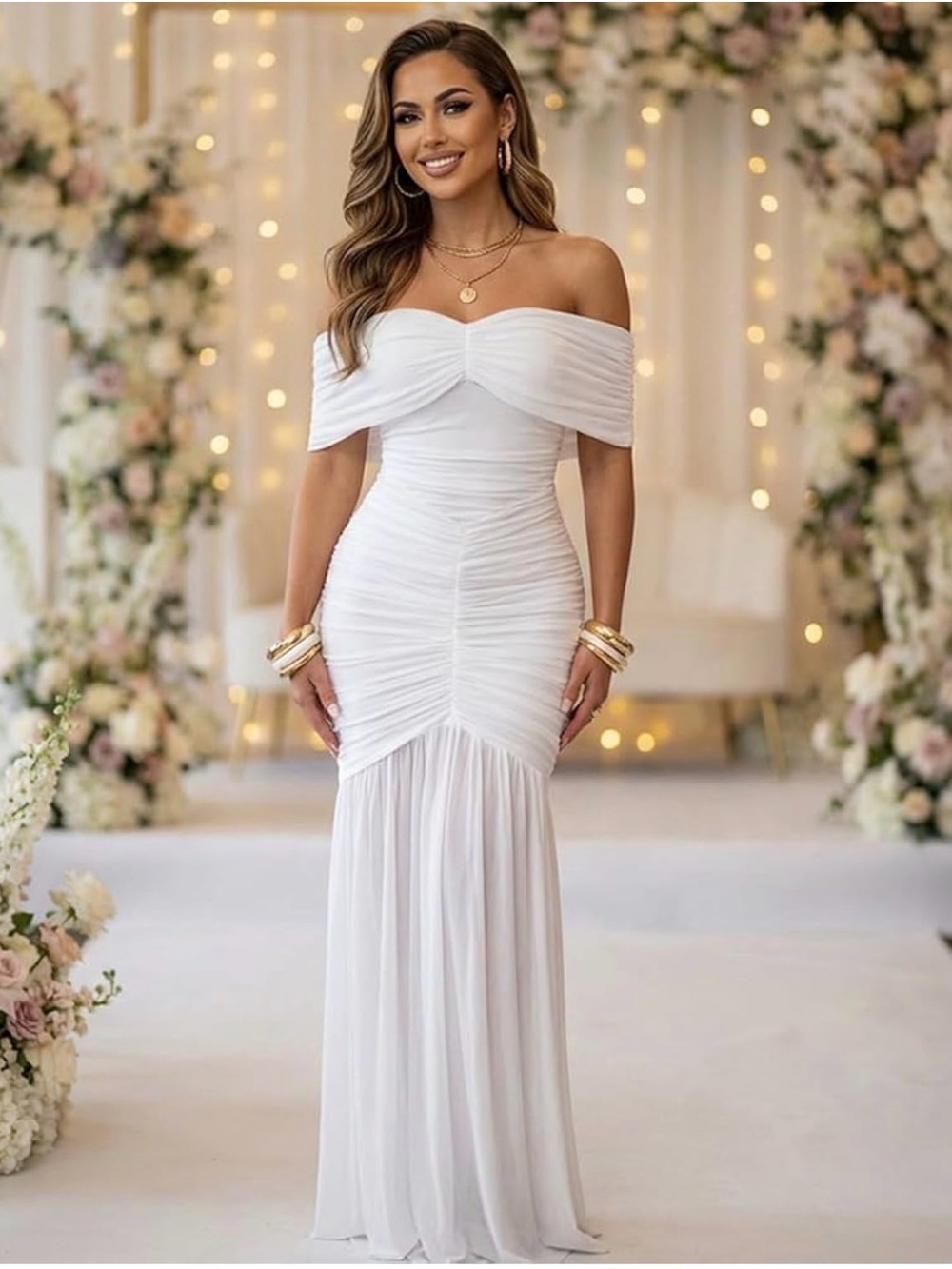 Off-Shoulder White Ruched Mermaid Dress